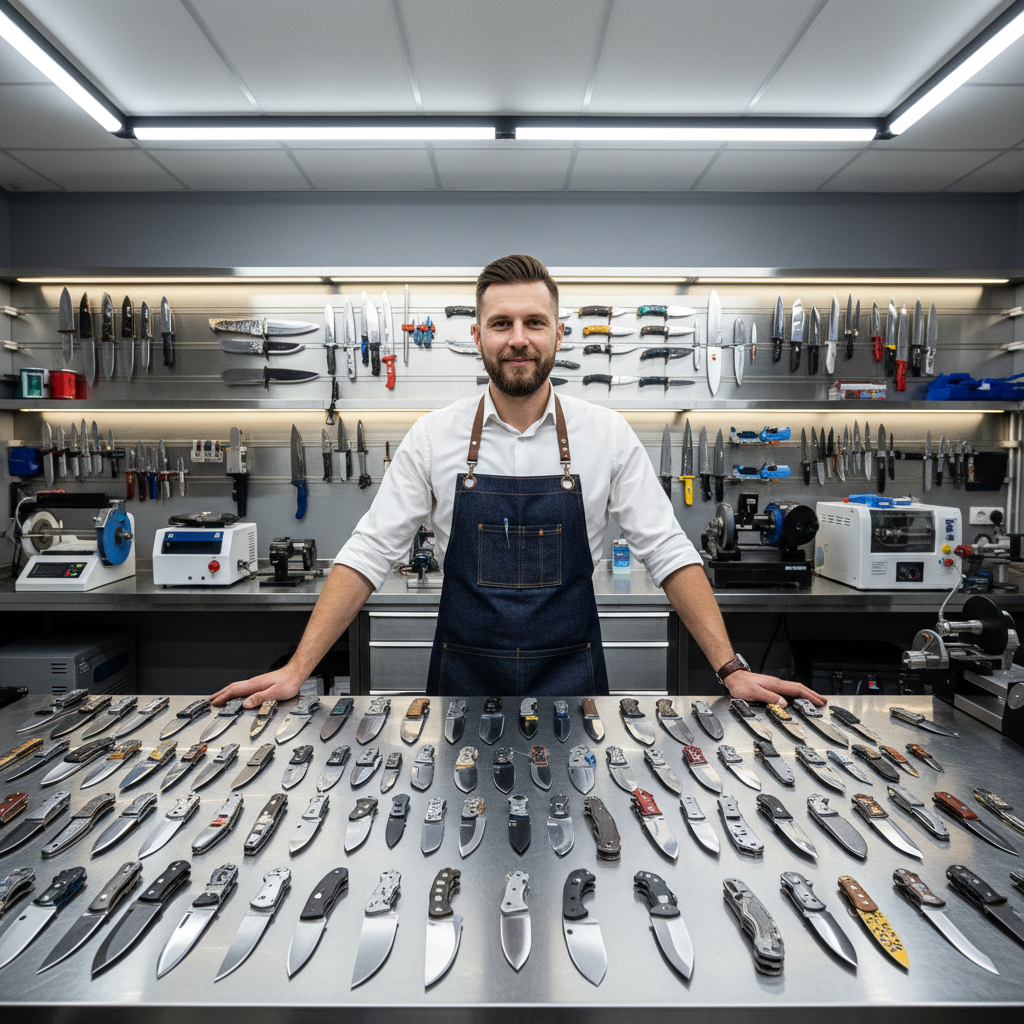 High-tech knife restoration workshop filled with knives