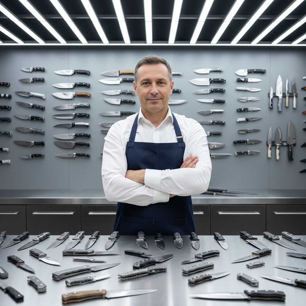 Knife restoration craftsman surrounded by knives in high-tech workshop